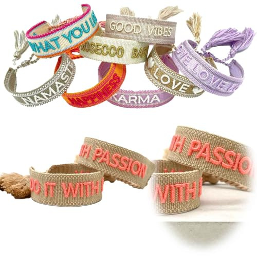 LS-LebenStil Exklusives Statement Armband - das Original - Do it with Passion Grau Neon 16-20cm Quasten besticktes Boho Canvas Webarmband Damen Freundschaftsarmband Geschenk gewebt textil Stoffarmband