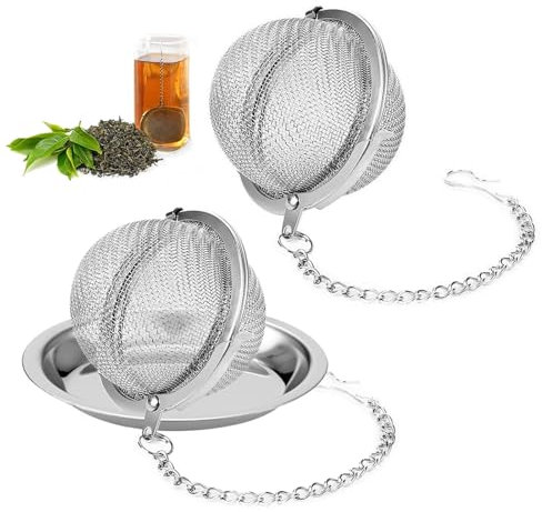 2 Pezzi Infusore per Tisane, Filtro per Tè Sfuso in Acciaio Inossidabile con Catena Lunga e Vassoio Raccogligocce Rotondo,Maglia Fine, Filtro Sferico a Rete per Il Tè per Teiera, Tazza di tè, Cucina e