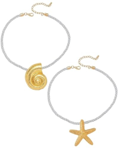 BNREOZA 2 Pcs Océano Elemento Collar de Concha y Estrella de Mar, Colgante de Cuerda Trenzada, Accesorios de Vestir Boho para Playa y Verano