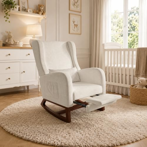 MIOOSUT Silla mecedora con reposapiés, sillón oscilante con taburete, cómodo sillón de lactancia para amamantar, con base de madera, 2 bolsillos laterales, 1 cojín lumbar, para salón dormitorio, beige