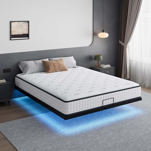 DEWINNER Lit avec sommier 180 x 200 cm- Bande Lumineuse LED Hauteur du Cadre de lit 20cm Flottant avec Rangement sous Le 2 Personnes Plateforme en métal - Noir - sans Matelas