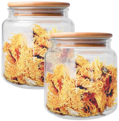 GOMETY Juego de 2 tarros de almacenamiento con tapa, 500 ml, tarros de cristal con tapa de bambú, redondos, recipientes de cristal de borosilicato, herméticos para cocina, cereales, granos de café,