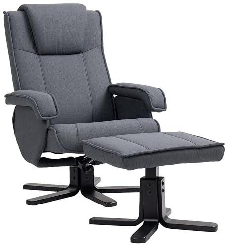 HOMCOM Rocker Swivel Recliner Chair with Footstool, Linen Fabric Recliner Armchair with Ottoman, Wood Base, Upholstered Reclining Chair for Living Room, Bedroom, Office, Charcoal Grey