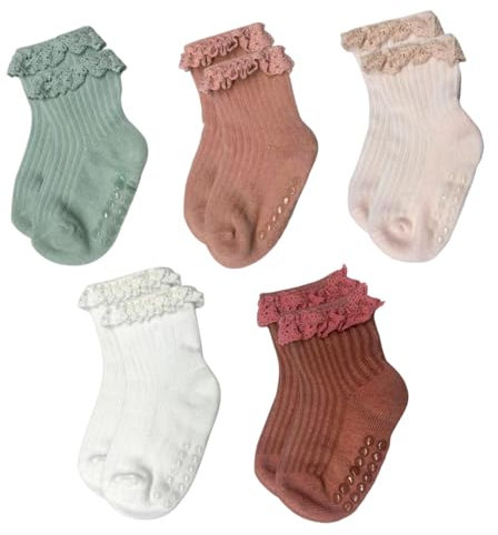 Pluvyze 5 Paar Socken Baby 0-6 Monate, Säugling Rüschenspitze Knöchel Socken, Non Slip Socks Toddler, Bequem und Atmungsaktiv Perfekt dür die Taufe, Den Alltag Oder Als Geschenk