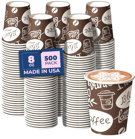 Fit Meal Prep 8 oz Coffee Cups 500 Count, Leak-Proof Hot Cup, Disposable Paper Coffee Cup Bulk for Hot/Cold Beverage, Durable Thickened Paper Cups for Party, Office, Bussines, Home, Bistros