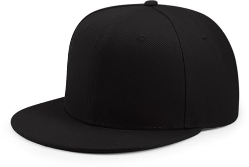 JHDESSLY 100% Cotton Snapback Hat for Men Women, Flat Bill Brim Baseball Cap Teens Adjustable Hip Hop Style Blank Trucker Hat Black