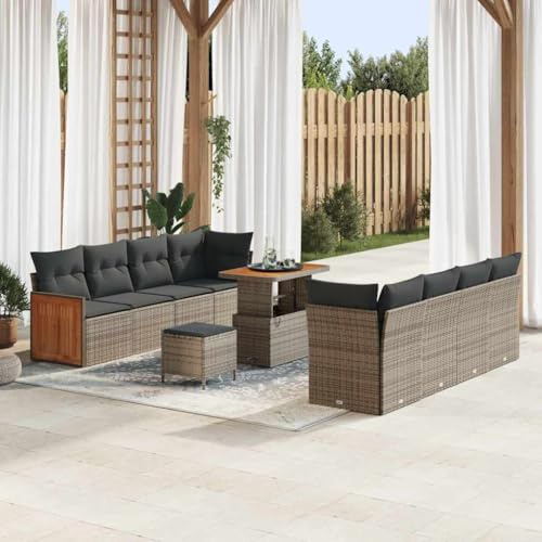 Ensemble de canapé de jardin, 11 pièces, gris, en rotin synthétique et bois d'acacia résistant aux intempéries, 90 x 55 x 71 cm, groupe de sièges d'extérieur modulaires, pour terrasse et balcon, salon