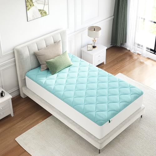Novilla Surmatelas Confort 90x190cm, Tissu Doux et Agréable pour la Peau, Air-Layer à Trois Couches Respirant, Rembourrage en Fibres Douces, Bord Élastique 30 cm, Lavable, Bleu