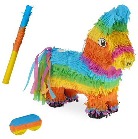 Relaxdays Pinata Esel, mit Stab & Maske, Partypinata Kinder, Geburtstag, zum Befüllen, HxBxT: 38 x 35 x 12 cm, bunt