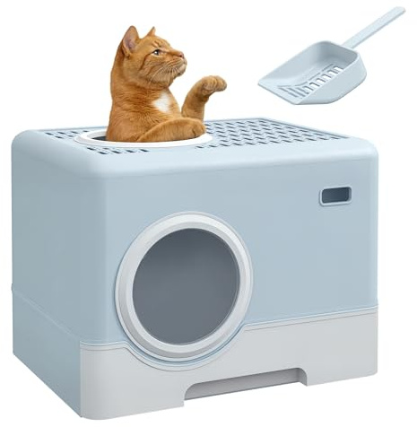 PawHut Arenero para Gatos Cubierto, Caja de Arena para Gatos con Bandeja Extraíble, Entrada Frontal y Salida Superior, Pala, Fácil de Limpiar, Antifugas, Azul