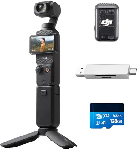 DJI Osmo Pocket 3 Creator Pack, Cámara CMOS de 1'' 4K/120fps, Estabilización 3 Ejes, Seguimiento Facial y de Objetos, Enfoque rápido, Micrófono, Compacto, + Lector de Tarjetas y Tarjeta de Memoria