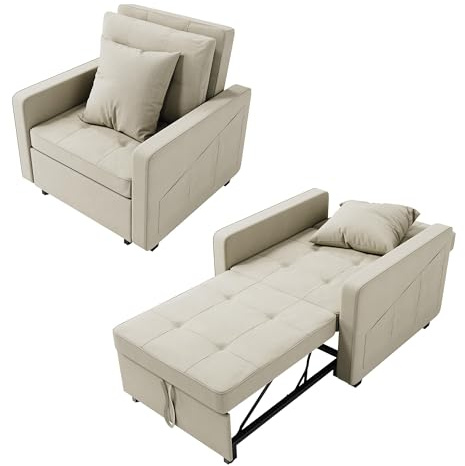 ELEGANT 3-in-1 Convertible Single Sofa Bed, Adjustable Backrest Chair Sleeper with Side Pockets & pillows, Space Saving Fabric Pull Out Sofa Chair Bed for Small Space, Living Room, Office, Cream White