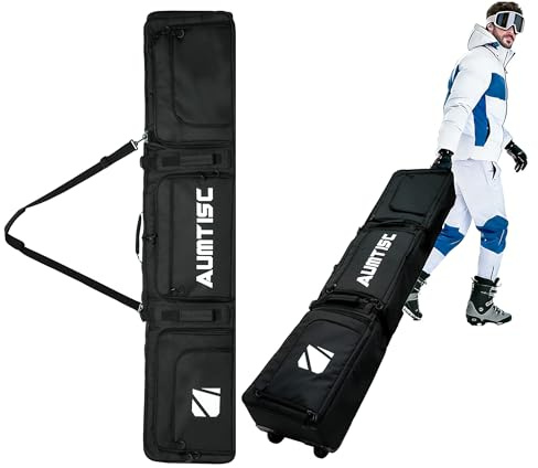 AUMTISC Bolsa de Snowboard con Ruedas, Bolsa de esquí Acolchada para Viajes aéreos para esquís de hasta 165-175 cm (Negro)