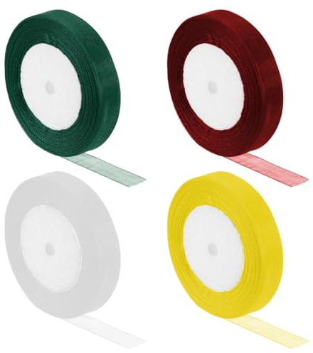 4 rollos de 45 m de cinta navideña para regalos, cinta para lazos de 20 mm de ancho, cinta de gasa, cinta decorativa para Navidad, regalos, bodas, cumpleaños (rojo, amarillo, verde, amarillo)