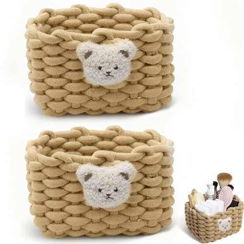 CHUANFU 2 Pièces Paniers de Rangement en Corde de Coton, Petit Panier Tressé Carré Rangement Bébé, Empilables Corbeille Table a Langer Panier, pour Chambre de Bébé Bain Salon, Brun