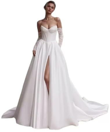 HAIBFJIN Vestido de novia de sirena de satén, línea A, para la oficina de registro, vestido de novia para la novia, Weiß-e, 54