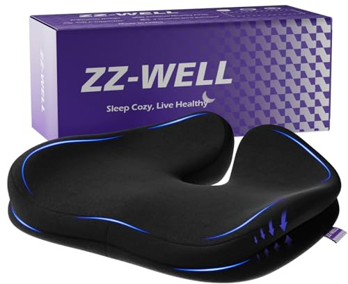 ZZ-WELL Seat Cushions for Office Chairs, Car Seat - Patented Coccyx Cushion for Tailbone Pain - Memory Foam Butt Cushion for Pressure Relief - Carry Handle & Non Slip Bottom (Black)