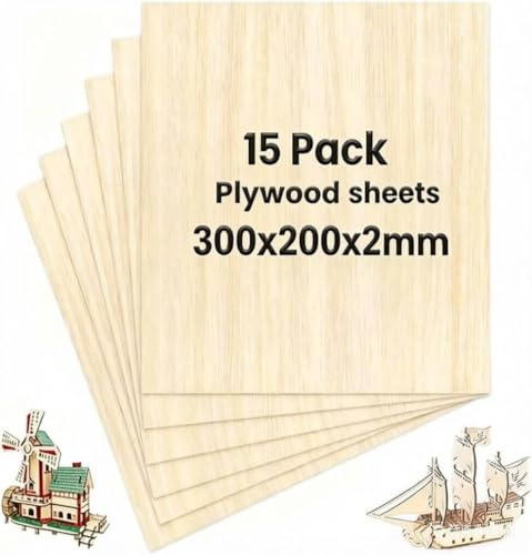 DAHI 15 stycken plywoodskiva 2 mm - träplåt 300 x 200 mm - träbräda för gör-det-själv, laserskärning, pyrogravyr, gravyr, modellering