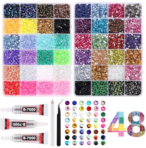 EBANKU 48 000 st. geléstenar för bedazzling, 3 mm 48 färger flatback | delstenar för diamantmålning med 3 B7000 lim för gör-det-själv-hantverk, böcker, skor och nagelkonst