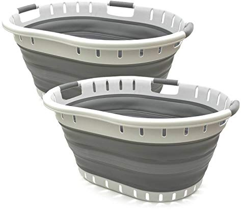 SAMMART 57L (15 Gallons) Collapsible 3-Handled Plastic Laundry Basket - Oval Tub - Portable Washing Tub-Space Saving Laundry Hamper, Water Capacity 44L / 11.6 Gallon (2 pcs - Oval, Dark Grey)