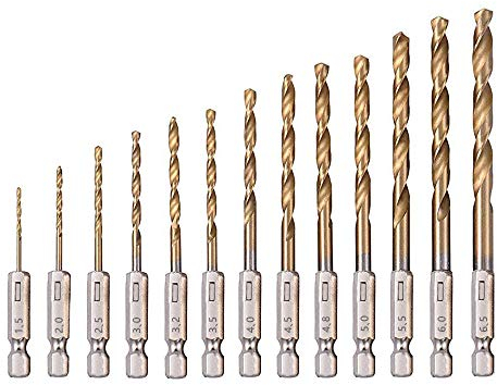 Saipor 13 Stück Spiralbohrer Titanium Coated HSS Spiralbohrer Set 1/4 Sechskantschaft Bohrer Set für Akkuschrauber (1,5-6,5mm)