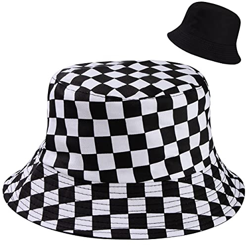MengH-SHOP Sombrero de Pescador Algodón a Cuadros en Blanco y Negro Plegable Reversible Gorros de Pescador Aire Libre Unisex Sombrero Bucket Hat para Excursionismo Cámping de Viaje Pescar (56-58cm)