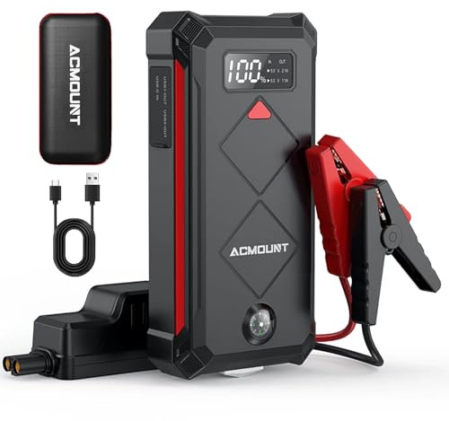 Acmount P100 Car Jump Starter, 5000A Peak Lithium Jump Starter Battery Pack for Up to 10.0L Gas or 8.0L Diesel Engine, Safe 12V Portable Battery Starter Power Pack with LED Screen & LED Light