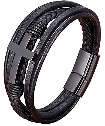 Binatric Multi-Layer Braided Leather Bracelets with Magnetic Clasp Mens Cuff Bracelets for Men Genuine Leather Bracelet Religious Leather Bracelets decorate Gift (Black, 8.3 Inches)