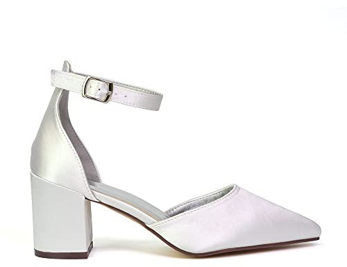 Womens Ankle Strap Low Mid Block Heels Ladies Mary Jane Pointed Toe White Court Shoes Sandals Size 8
