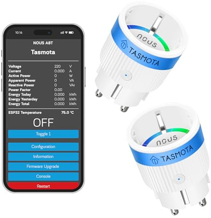 Tasmota Prise NOUS A8T, la plus petite prise Wi-Fi ESP32, mini prise Wi-Fi 10 A avec consommation d'énergie, minuterie, compatible avec Matter, Alexa, Google Home, Assistant, MQTT, 2,4 G