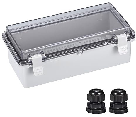sourcing map Boîtier électrique étanche IP67 en plastique ABS avec couvercle à charnière, plaque de montage, supports muraux, presse-étoupes 20 x 10 x 7 cm
