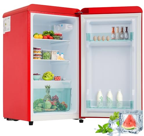 Merax Kühlschrank klein, Eintüriger Retro Kühlschrank, Getränkekühlschrank 76 Liter, 45 dB, LED-Beleuchtung, Glasablagen, Gemüsefach, Türablagen, Verstellbare Füße, für Küche, Wohnzimmer, Büro, Rot