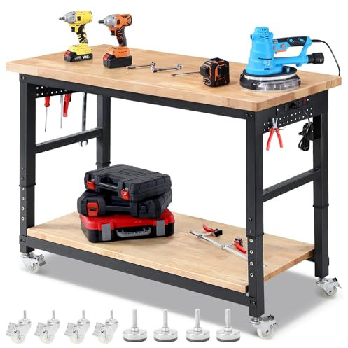 ENJOYWOOD Work Bench for Garage Adjustable Workbenches with Storage 60 Inch Garage Workbench with Under Table Shelf, Pegboard, Power Outlets for Woodworking, Home, Office, Workshop