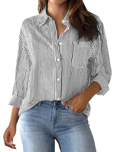 Chemisier Femme Chic Et éLégant, Chemise Femme Rayée Boutonnée Col Montant Chemise Ample DéContractée à Manches Longues avec Poches Haut De Chemise De Travail Classique, Noir, XXL