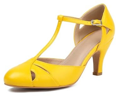 elerhythm Mary Jane para mujer con correa de tobillo vintage cerrada de punta redonda, zapatos de tacón estilo Gatsby retro de los años 1950 y 1920, zapatos victorianos, amarillo, 37 EU