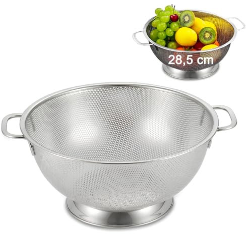 Scolapasta Microforato in Acciaio Inox, Colapasta Metallico Perforato per Cucina con Manico e Base, Filtro Professionale, Filtro Durevole per Scolare Verdura, Frutta, Riso e Pasta, 28,5 cm