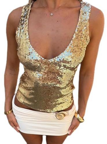 Nicoxijia Sequin Tank Tops for Women Sparkle Glitter Sleeveless Party Club Crop Top Sexy Concert Disco Going Out Cami Vest (Gold, S)