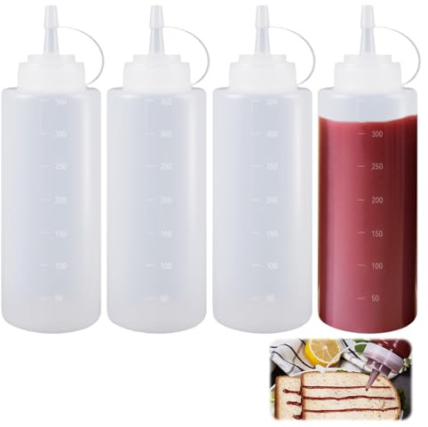4 Stück Squeeze Flaschen 360ml Plastik Quetschflasche Mit Kappen,Transparent Squeeze Flasche,Saucenflasche mit Diskreten Messungen,Dosierflasche für Ketchup,Heiße Soßen, Grill, Salatsaucen, Olivenöl