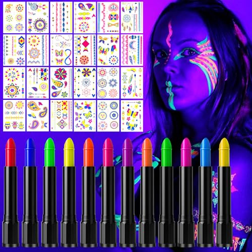 KELAV UV-neonfärger, 12 färger lysande pennor för ansiktsmålning + 24 tillfälliga tatueringsark, neon ansiktsmakeup UV bodypainting för fest halloween karneval
