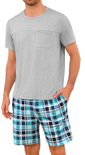 Leversic Sommar Pyjamaset Herr Bomull Badkläder Kortärmad Randig Pyjamas T-shirts och Shorts för att sova med fickor
