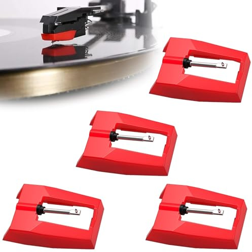 4 Pack Aiguille Diamant De Remplacement,Tourne Disque Aiguille Pointe De Lecture, Pointe De Lecture Aiguille Tourne Disque Universel Platine,Pour Tourne Disque En Vinyle (Rouge)