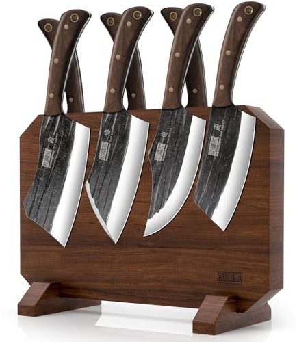 HOSHANHO 8 Pieces Butcher Kitchen Knife Set, Hand Forged High Carbon Stainless Steel Magnetic Knife Block Set, Ultra Sharp Chef Knives Set with Meat Cleaver Knife & Bone Chopper Knives Gift for Men