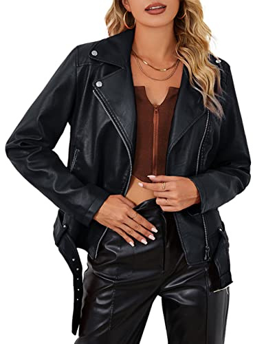 Bellivera Women's Faux Leather Casual Jacket 2026 Spring Trendy Motorcycle Outfits Lightweight Classic Coat 7906 Black XL
