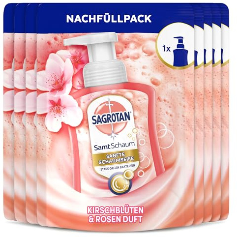 Sagrotan Samt-Schaum Nachfüller Kirschblüte & Rose – 8 x 250 ml Schaumseife im praktischen Vorteilspack