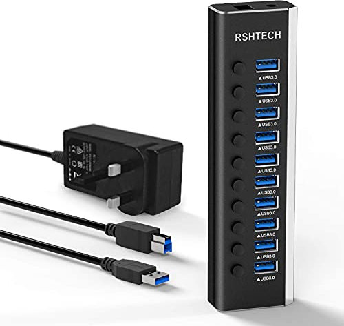 RSHTECH Powered USB 3.0 Hub Aluminum 10 Port USB 3.0 Data Hub with 12V/3A (36W) Power Adapter and Individual On/Off Switches & LED (RSH-A10)