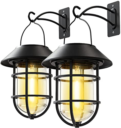 Solar Lantern Hanging Solar Lights Outdoor, Waterproof Metal Wall Lantern with Hooks, Outdoor Wall Lights for Porch, Patio Yard Garden Decor, No Wiring Required, 2 Pack
