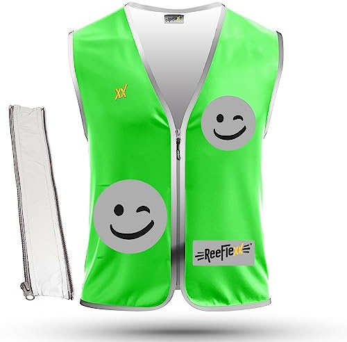 REEFLEXX Gilet di sicurezza per bambini, con adattatore di misura, riflettente, maggiore visibilità nel traffico stradale grazie ai riflettori, Solid Green Smiley, taglia M, idea regalo per bambini