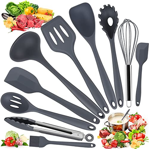 Ustensiles de Cuisine Silicone Set, 10 PCS Accessoire Cuisine Set sans BPA, Antiadhésive Anti-Rayures et Résistante à Chaleur, Outil de Cuisine Coupe-Pâtes pour Louche/Spatule/Cuillère à Pâtes