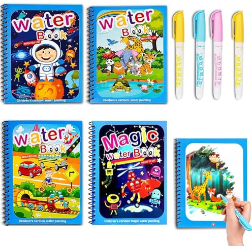 QXNDXQ Libro da colorare ad acqua, 4 pezzi, libro magico per bambini, libro da colorare riutilizzabile con 4 penne ad acqua, per bambini a partire dai 3 ragazze (1)