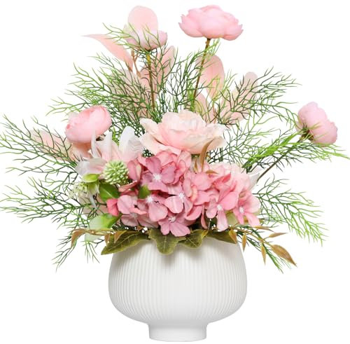 LUWENER Artificial Flowers In Vase,14.57in Faux Hydrangea Flower Plants,Silk Pink Dahlia Realistic Poppy Fake Flowers for Living Room, Bedroom and Bathroom Dining Table Decor